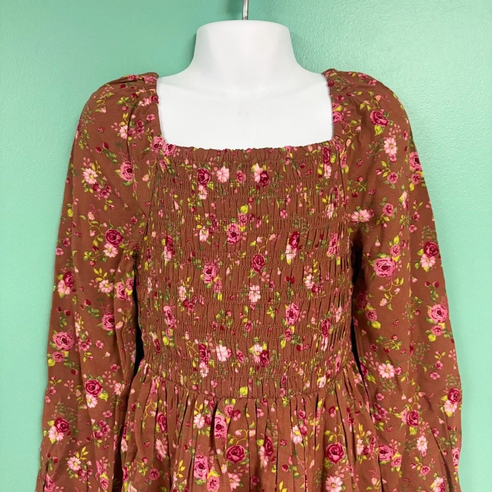 NWT Children’s Place Rust & Pink Floral Boho Long Sleeve Smocked Dress S 5/6 NEW